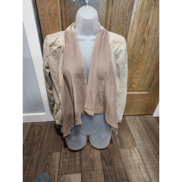 BKE Buckle Denim Jacket Small Womens Khaki Knit Waterfall Trim Open Front - Picture 1 of 6